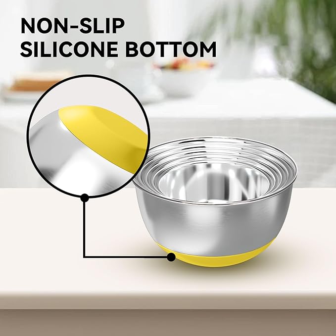 KITEISCAT Stainless Steel Mixing Bowls with Lids – Set of 5 Large Nesting Metal Bowls for Kitchen, Baking, Cooking, Food Prep & Storage, Non-Slip Base, Dishwasher Safe,Yellow