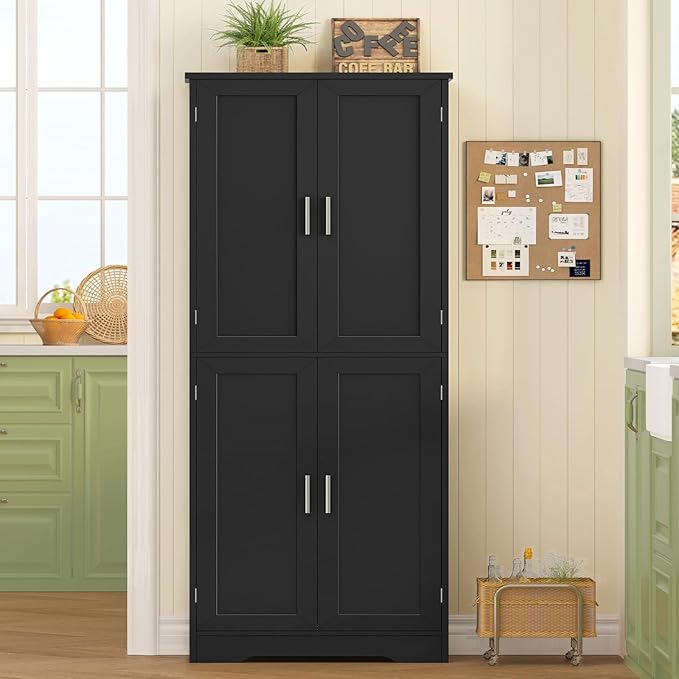 TEENFON 67” Storage Cabinet, Kitchen Pantry Cabinet with 4 Doors and 2 Adjustable Shelves, Cupboard, Tall Bathroom Cabinets for Living Room, Kitchen, Bathroom, Black