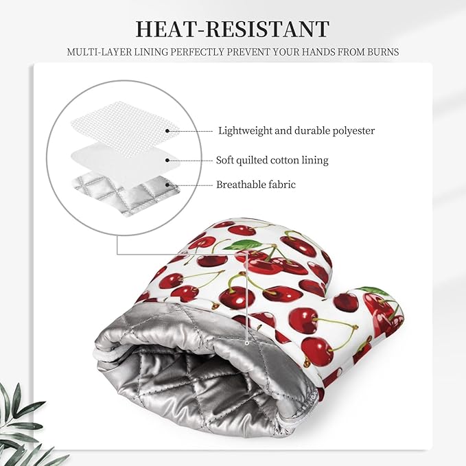 Cherry Fruit Pattern Oven Mitts and Pot Holders 4 pcs Set Silicone Cherry Fruit Kitchen Oven Mitt Gloves Pot Holders Non-Slip Heat Resistant Cooking Mitts Set for Kitchen Baking Grilling BBQ