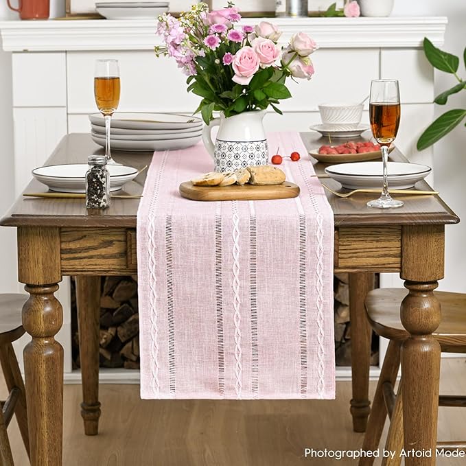 Artoid Mode Pink Rustic Cotton Linen Table Runner, Seasonal Embroidered Hollow Kitchen Dining Table Decoration for Home Party Decor 13x36 Inch