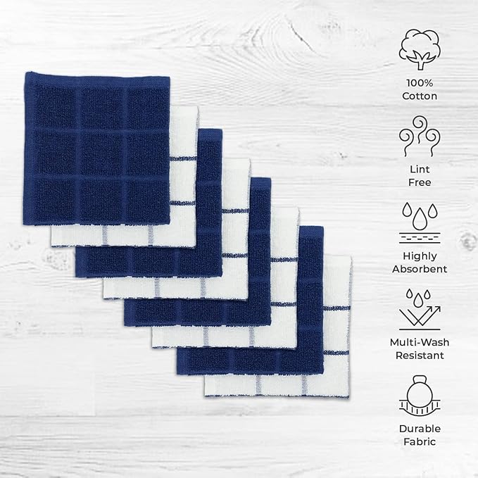 100% Cotton Terry Dish Cloth & Dish Towel, 8 Pack, Super Soft and Absorbent Kitchen Towels, Perfect for Kitchen Cleaning and Dish Washing (Navy (Solid and Check) 8 Pack)
