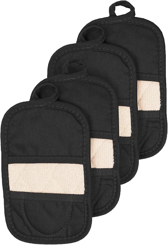 RITZ Premium Pot Holders & Heating Pads (4-Pack), 8.5" x 5.5", Heat Resistant, 100% Cotton Terry-Looped Pocket, Kitchen and Barbeque, Black