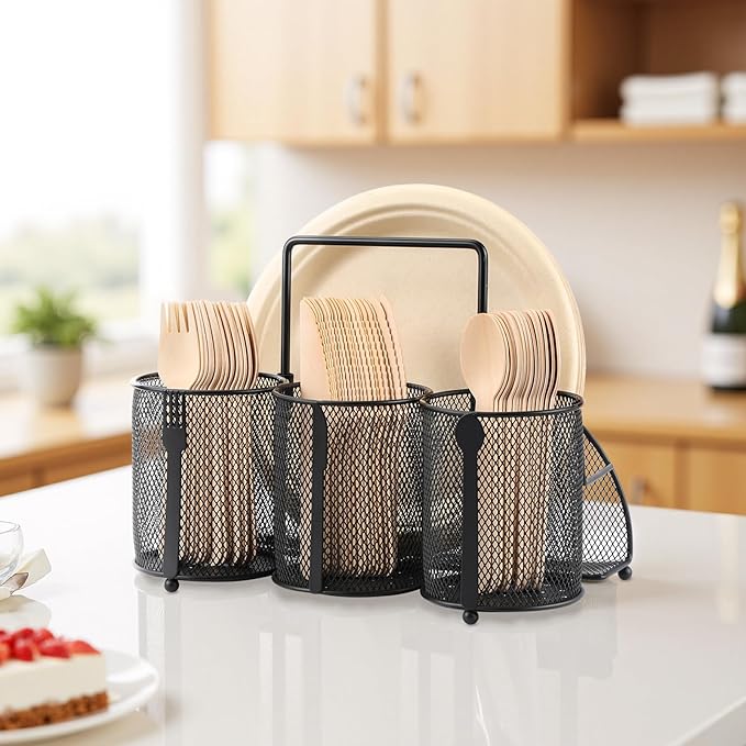 Metal Utensil Caddy Silverware Holder, Paper Plate Holder Cutlery Container,Plate Organizer Flatware Storage Basket Party Camping Picnic Buffet RV BBQ Farmhouse Kitchen Countertop