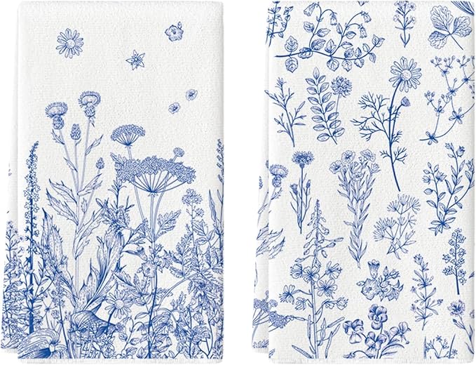 Artoid Mode Blue Antique Herbs Wild Flowers Leaves Spring Kitchen Towels Dish Towels, 18x26 Inch Seasonal Decoration Hand Towels Set of 2