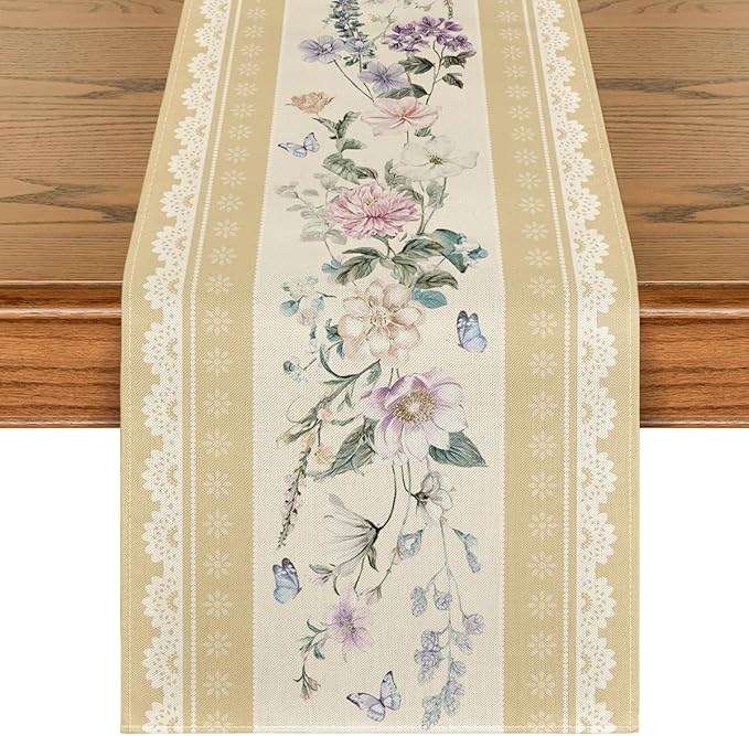 Artoid Mode Yellow Printed Lace Floral 210 GSM Spring Table Runner, Seasonal Summer Kitchen Dining Table Decoration for Home Party Decor 13x72 Inch