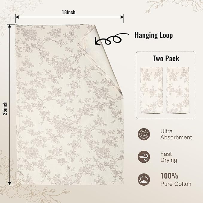 100% Cotton French Pastoral Kitchen Towels Set of 2, Decorative Flour Sack Tea Towels with Hanging Loop 18x25 Inch Absorbent Dish Cloths Farmhouse Home Decor, Grey