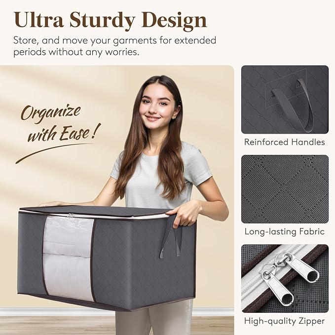Lifewit Large Capacity Clothes Storage Bag Organizer with Reinforced Handle Thick Fabric for Comforters, Blankets, Bedding, Foldable with Sturdy Zipper, Clear Window, 18 Pack, 90L, Grey