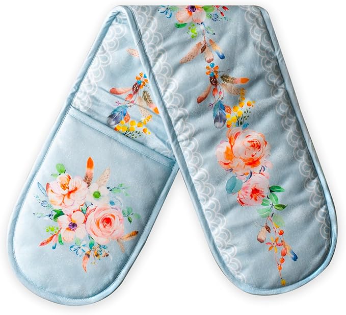 Maison d' Hermine Double Oven Mitts 100% Cotton 7"x35" Double Oven Mitt Heat Resistant BBQ Cooking Gloves with Loop Baking Grilling Gifts for Mothers Day Spring Summer (Ibiza - Blue)