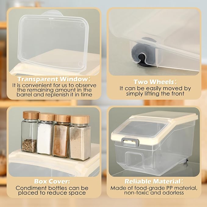 Sunnyray 4 Pcs Rice Storage Containers Bulk Flour Sugar Container Wheels Measuring Cups Set Airtight Pet Dog Cat Birds Food Bin Grain Cereal Organizer Box for Dry Baking(Beige,22 lb)