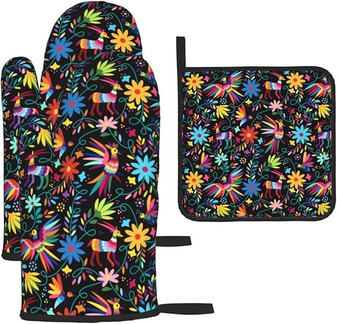 Mexican Folk Art Inspired Oven Mitts & Pot Holders Sets of 3, Polyester Heat Resistant Multicolor Kitchen Gloves and Hot Pads for Cooking Baking Grilling, Gift for Ethnic & Art Enthusiasts, Home Decor