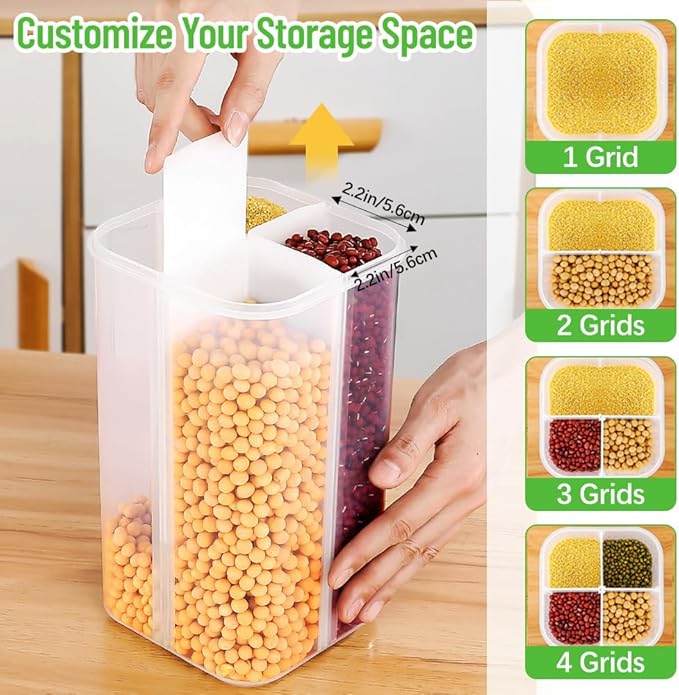 2 Packs Pasta Cereal Storage Containers, 2.5L Airtight Grain Dispenser with Lids, Spaghetti Container Storage with 4 Compartments for Noodle, Rice, Nuts, Flour, Beans