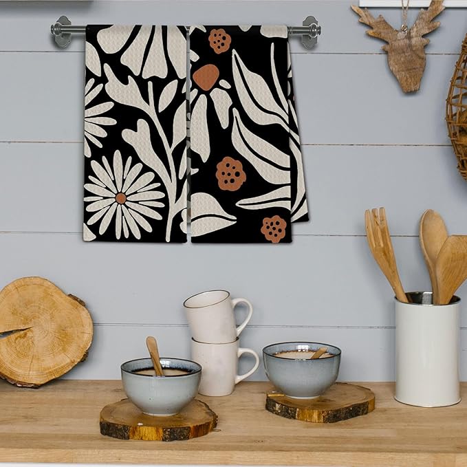 Abstract Boho Beige and Black Floral Kitchen Towels, Groovy 70s Retro Botanical Dish Towels Drying Cloth for Kitchen, Mid Century Modern Flower Hand Towels for Bathroom, 16x24 Inch Set of 2