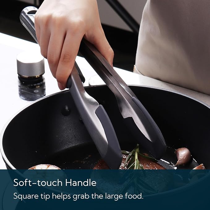 KITCHENDAO Tongs for Cooking with Silicone Tips 9 Inch, One-handed for Convenience, Soft-touch Handle, Silicone Tipped Stainless Steel Kitchen Food Grill BBQ Tongs for Non-stick Cookware Air Fryer