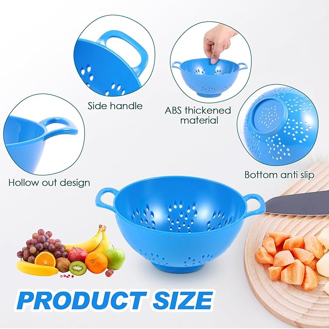 Baderke 4 Pack Mini Colander for Kitchen Plastic Berry Strainer with Double Handles 7.5 x 6 x 3 Inch Small Colander Strainer for Fruits Vegetables Food(Green, Red, Blue, Lemon Yellow)