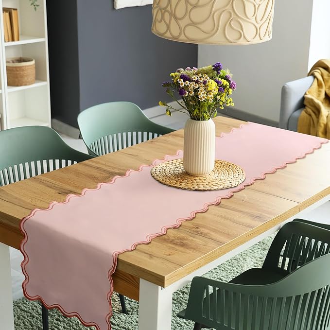 Scalloped Edge Table Runner 70 Inches Preppy Embroidery Edge Table Runner Cute Neutral Rustic Dining Decor for Kitchen(Blush Pink, Peach)