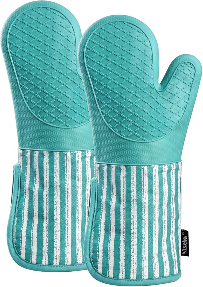 Alselo Silicone Oven Mitts Heat Resistant 932℉ with Waterproof & Non-Slip Kitchen Mittens, Set of 2 Extra Long Oven Gloves with Soft Cotton Terry Lining for Baking Cooking Barbecue