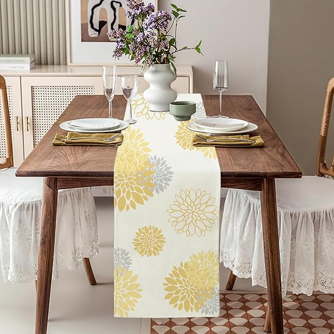 Yellow Gray Table Runner Dahlia Pinnata Flower Beige Table Runners Modern Elegant Pompon Farmhouse Geometric Table Center Decor for Home Dining Party Entrance (13 x 36 Inch)