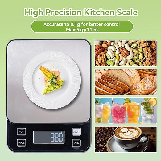 IP67 Waterproof Kitchen Scale, 5kg/11lb Capacity 0.1g Precision, Kitchen Scales Digital Weight Grams and Ounces,Battery Powered with 5 Units Conversion - Food Scales for Kitchen Essentials