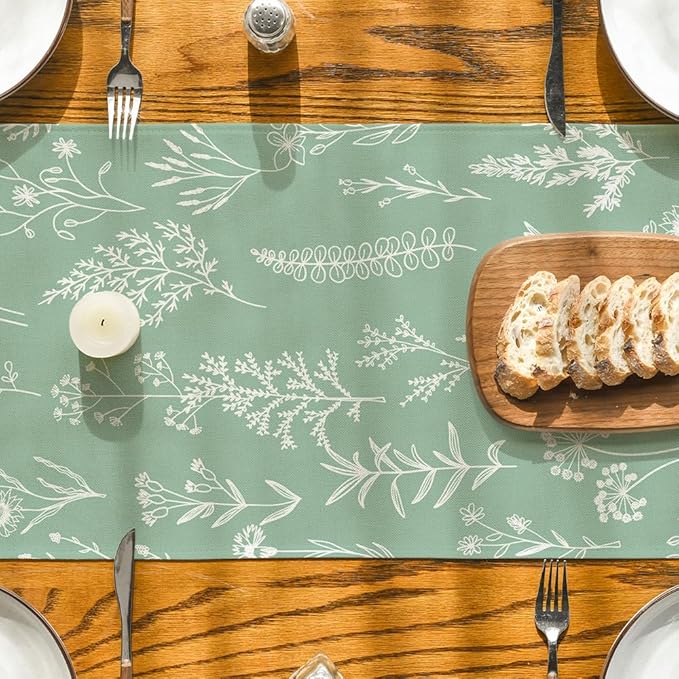 Artoid Mode Sage Green Leaves Flowers Spring Table Runner, Seasonal Kitchen Dining Table Decoration for Home Party Decor 13x72 Inch
