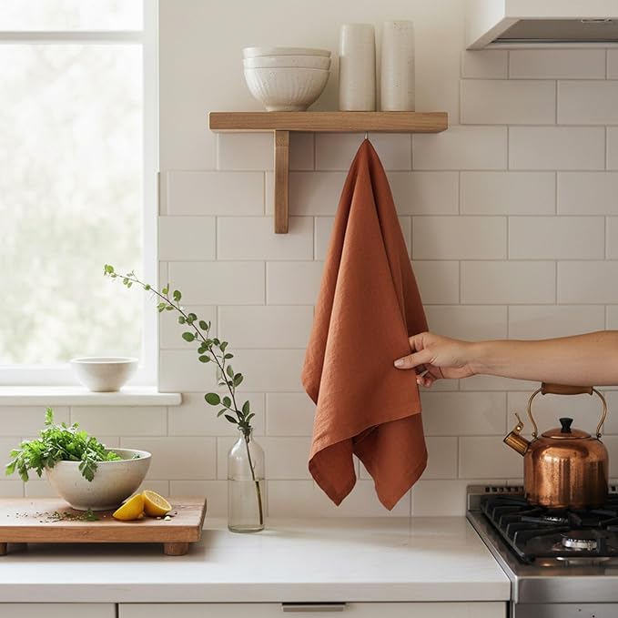 Linen Kitchen Dish Towels – 20” x 27” – 100% Pure Stonewashed Linen Hemstitch Hand Towel/Tea Towel - Set of 2 (Rustic Orange)