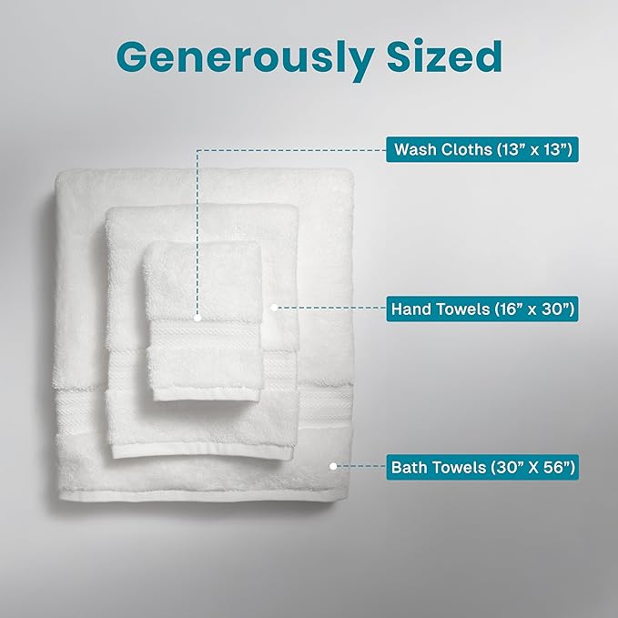100% Organic Cotton Bath Towel Set | Bathroom Luxury Towel Set of 6 | GOTS Certified | Hotel Premium Towels | 700 GSM | 2 Bath Towels 30 x 56 | 2 Hand Towels 16 x 30 | 2 Wash Cloths 13 x 13 | White