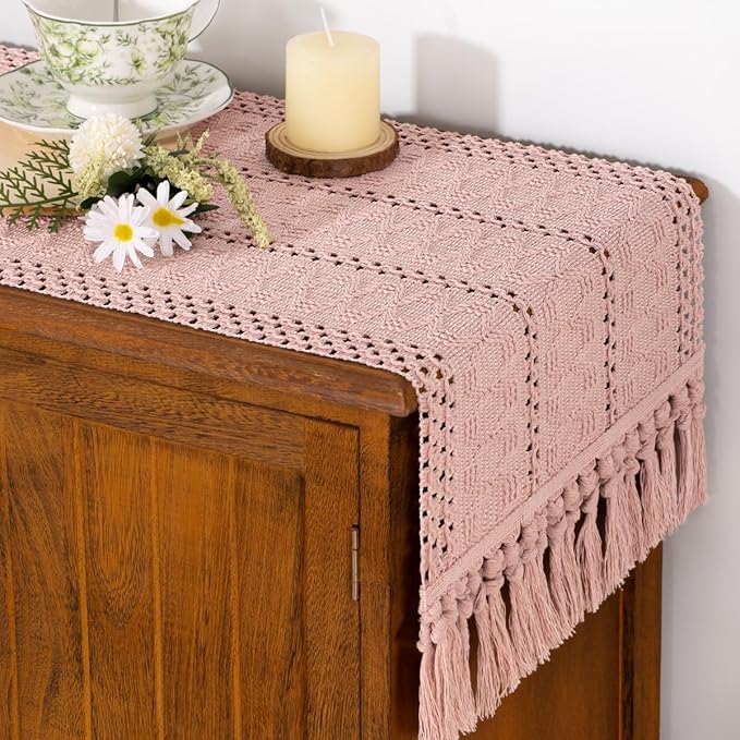 Socomi Boho Table Runner Easter Spring Farmhouse Rustic Dining Kitchen Centerpiece Decor Small Macrame Woven Cotton Linen Coffee Table Runner for Dresser Scarf Home Decor 12x48 in Pink