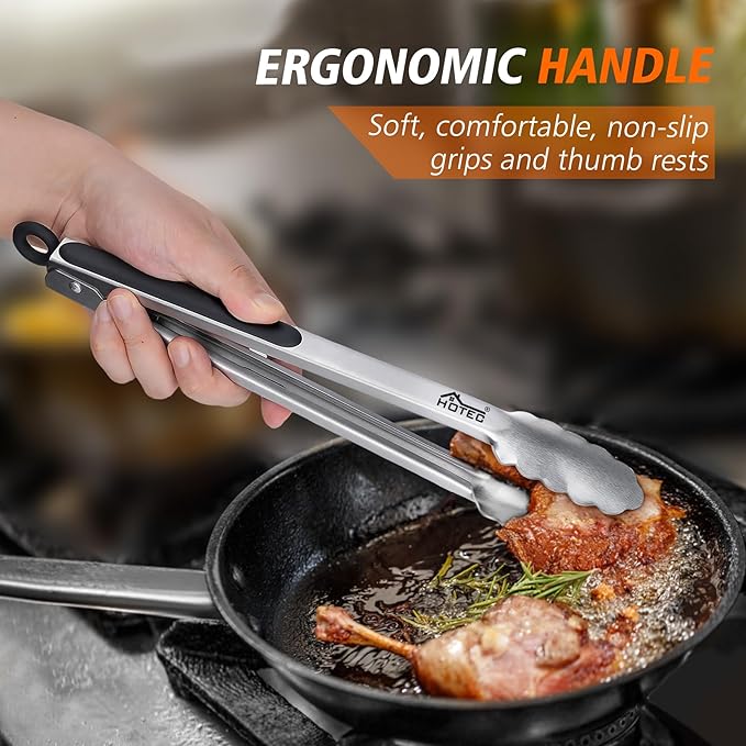 Hotec Stainless Steel Kitchen Tongs, Set of 2-12", Locking Metal Food Tongs for Cooking, Serving, BBQ, Grill Non-Slip Grip