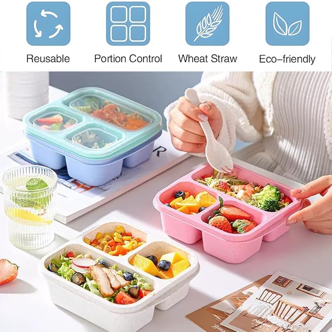 Emptycolor 3 Pack 3 Compartment Lunch Snack Containers with Lids, Meal Prep Bento Snack Boxes, BPA Free, Reusable Food Storage Lunchable Containers for People Work Travel