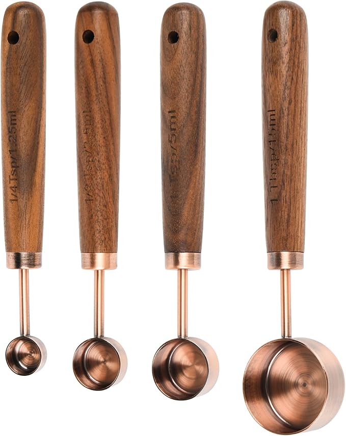 Smithcraft Copper Measuring Cups & Spoons Set 8, Stainless Steel Measuring Cups and Spoons Set for Baking and Kitchen, Metric & US Metal Measure Cup & Spoon with Wood Handle for Dry & Liquid