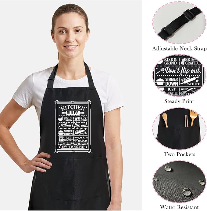 Black Baking Aprons for Women, Adjustable Cooking Baking Kitchen Aprons for Mom Chef with Pockets