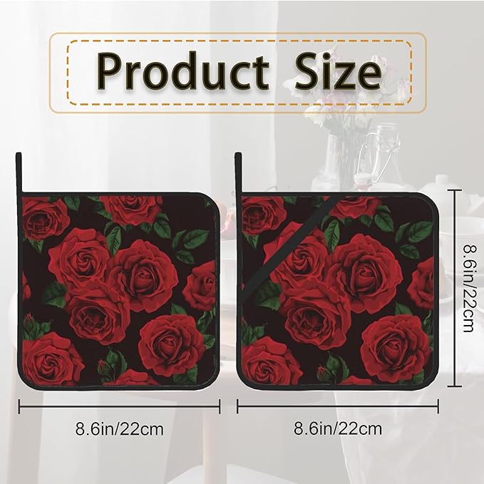 Vintage Red Rose Pot Holder Set of 2,Heat Resistant Potholders Oven Hot Pads for Kitchen Cooking Baking BBQ