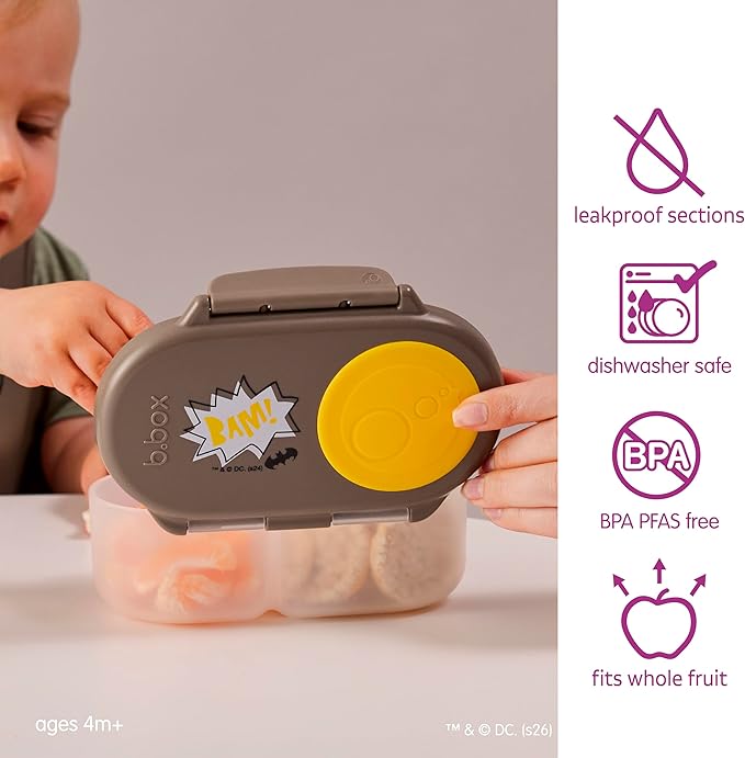 b.box Batman Snack Box - Leakproof 2 Compartment Snack Containers for Kids, Mini Bento Box for Kids & Toddlers, Lunch Containers, Dishwasher Safe, BPA Free, PFAS Free, Ages 4m+, 1.75 Cup Capacity