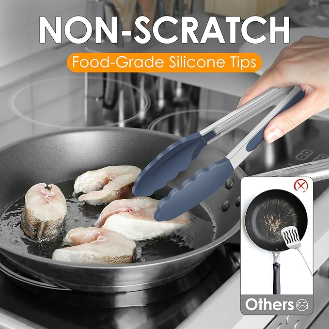 HOTEC Premium Stainless Steel Locking Kitchen Tongs with Silicon Tips, Set of 3-7", 9" and 12" (Dusty Blue)