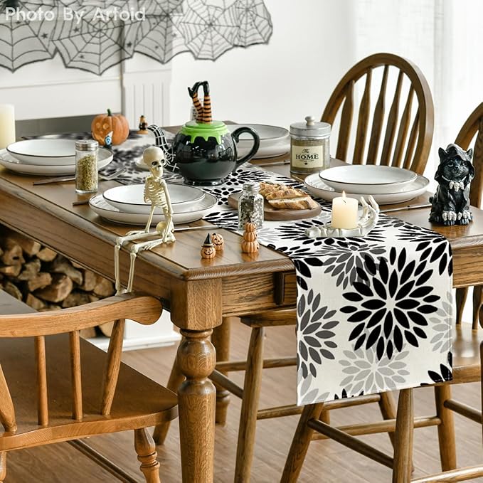 Artoid Mode Black Dahlia Floral Pinnata Halloween Table Runner, Fall Autumn Kitchen Dining Table Decoration for Home Party Decor 13x36 Inch