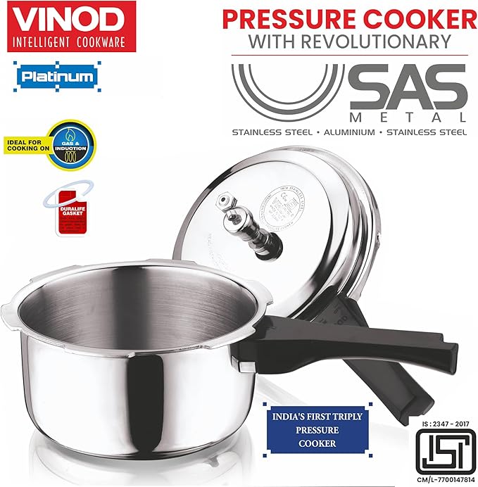 Vinod Platinum Triply Stainless Steel Pressure Cooker Outer Lid - 5 Litre | SAS Bottom Cooker | Induction and Gas Base Cooker | ISI and CE certified