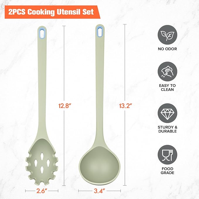 Silicone Spaghetti Spoon&Soup Ladle Cooking Utensils Set of 2,No Scratch for Nonstick Cookware,BPA Free, 450℉ Heat Resistant (Green)