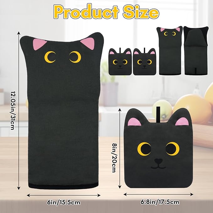 Oven Mitts, Cute Black Cat Silicone Oven Mitts and Pot Holders Sets, Funny Cooking Gloves with Potholders for Kitchen Heat Resistant, Soft Cotton Inner Lining Gloves for Baking,Microwave