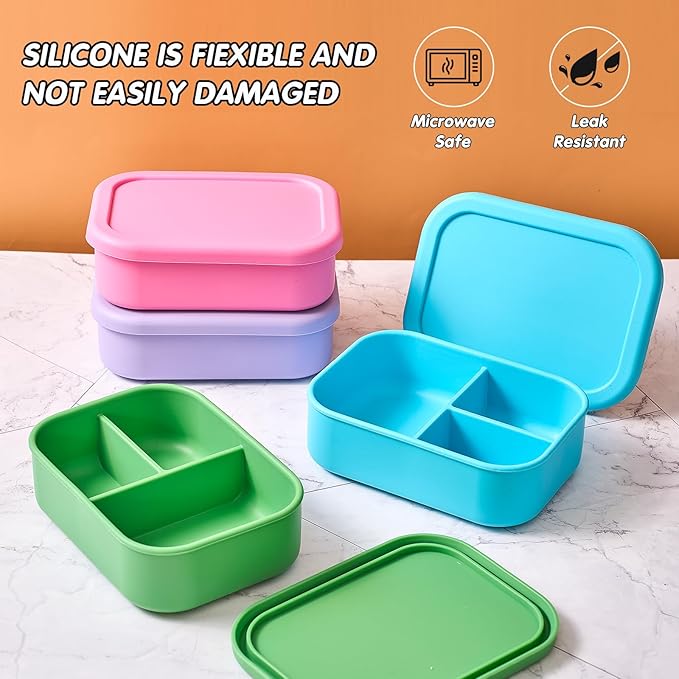 Layhit 4 Pcs Silicone Bento Box for Adults, 27 oz Bento Lunch Container Reusable 3 Compartment Lunchable Food Container for Women Men, Leak Proof Microwave Dishwasher Freezer Safe (Bright Colors)