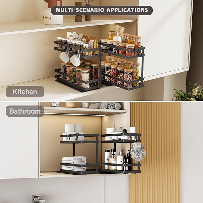 Magheo Pull Out Spice Rack Organizer for Cabinet, 2 Pack Metal Seasoning Organizer Slide Out Spice Storage Shelf No Assembly Vertical Spice Rack Pullout for Kitchen & Bahthroom No Drill(2 Tier,Black)