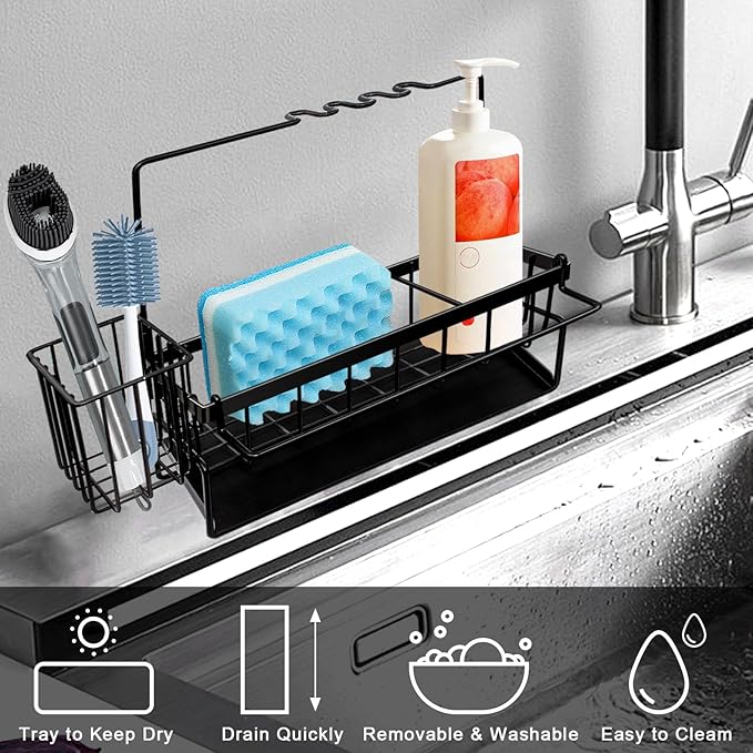 Yazoni Sponge Holder for Kitchen Sink, Rustproof Kitchen Sink Organizer Countertop Holder with High Brush Holder, Multifunctional Soap Dispenser Kitchen Organizers and Storage Essentials
