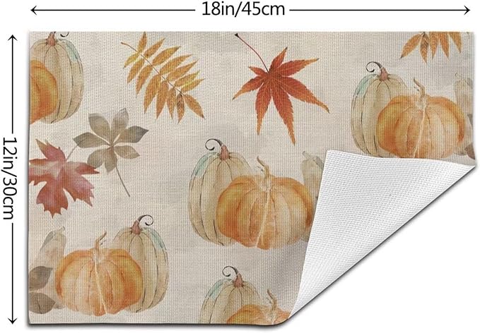 Fall Pumpkin Placemats 12x18 Inch Set of 4, Pumpkin Maple Leaf Watercolor Table Place Mat Autumn Thanksgiving Harvest Washable Table Mats Decorative Linen Fabric Table Mat for Dining Table