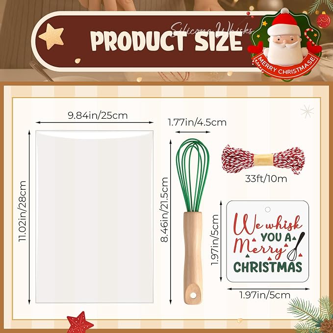 Baderke 20 Sets Baking Gifts Set Includes 8 Inch Silicone Whisk with Wood Handle Wired Stainless Steel Whisk Set Greeting Cards Plastic Bags for Party Birthday Christmas Stuffers Gift(Green)