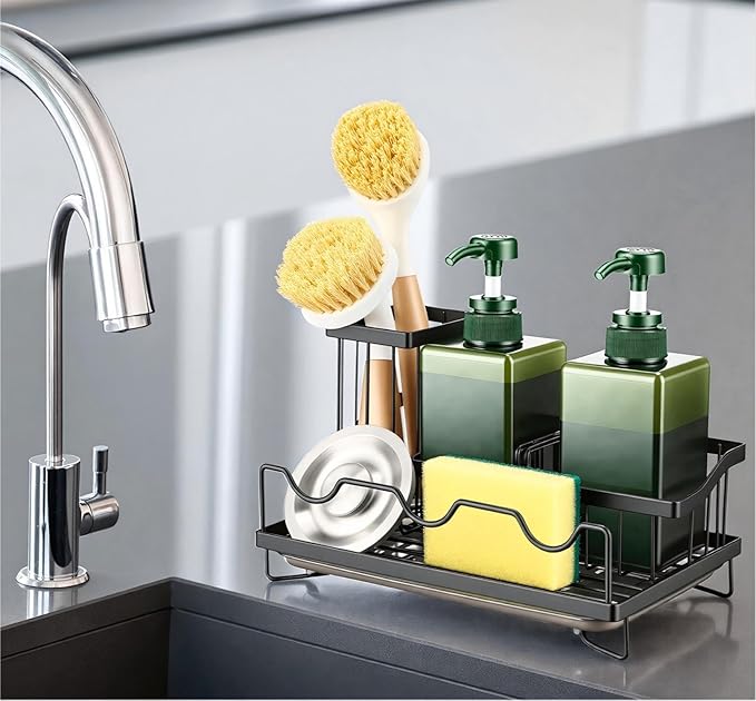 Sink Caddy & Organizer with Drain Tray, Countertop Holder for Sponges, Dishwashing Liquid, Long Handle Scrubber Compartment - Black