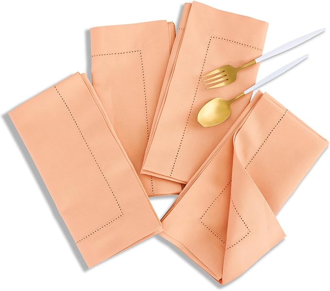 Solino Home Cotton Linen Napkins Set of 4 - Hemstitch Peach Bloom Dinner Napkins Cloth 20 x 20 Inch for Mothers Day, Spring, Summer - Handcrafted and Machine Washable