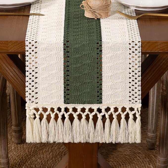DeZerlor Boho Macrame Table Runner Spring Easter Farmhouse Woven Table Runner with Tassels 60 Inches Ivory& Olive Green Cotton Linen Kitchen Table Decor for Dining Dresser Home Tea Table Decor
