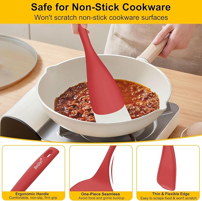Beijiyi Silicone Spatula Set of 4, 600°F Heat Resistant, BPA Free Kitchen Spatula and Spoons for Nonstick Cookware, Solid & Slotted Turner Cooking Utensils for Serving, Flipping Egg, Pancakes (Red)