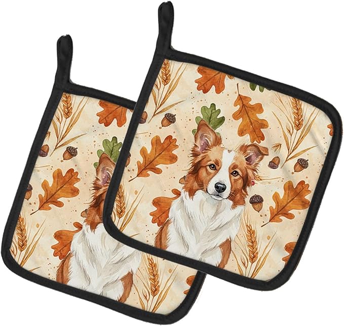 Caroline's Treasures Red and White Border Collie Heirloom Fall Pair of Pot Holders Pair 7.5x7.5 Quilted Insulated Hot Pads Decorative Kitchen Gift Made in USA
