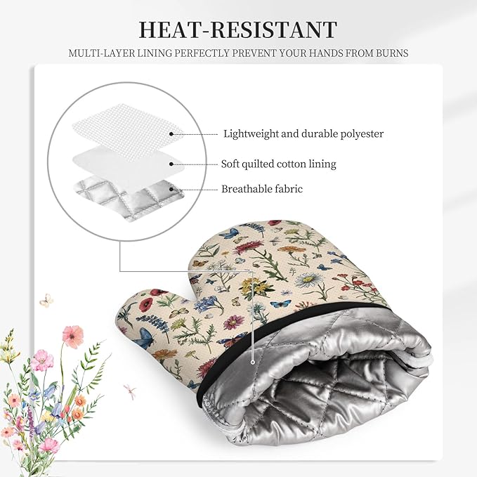 Vintage Floral Oven Mitts and Pot Holders 3Pcs, Retro Floral Silicone Oven Mitts Birthday for Flower Lover, Cute Botanic Wild Flowers Heat Resistant Non-Slip Oven Gloves for Mom Wife Sister