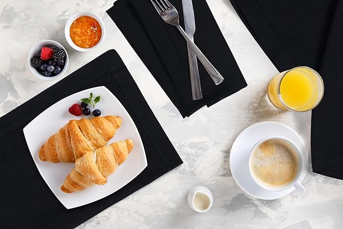 Bedding Craft Cloth Dinner Napkins Set of 12 – 18x18 Jet Black Linen-Look Hemstitched – Reusable Machine Washable Fabric Napkins for Weddings, Events & Everyday Dining