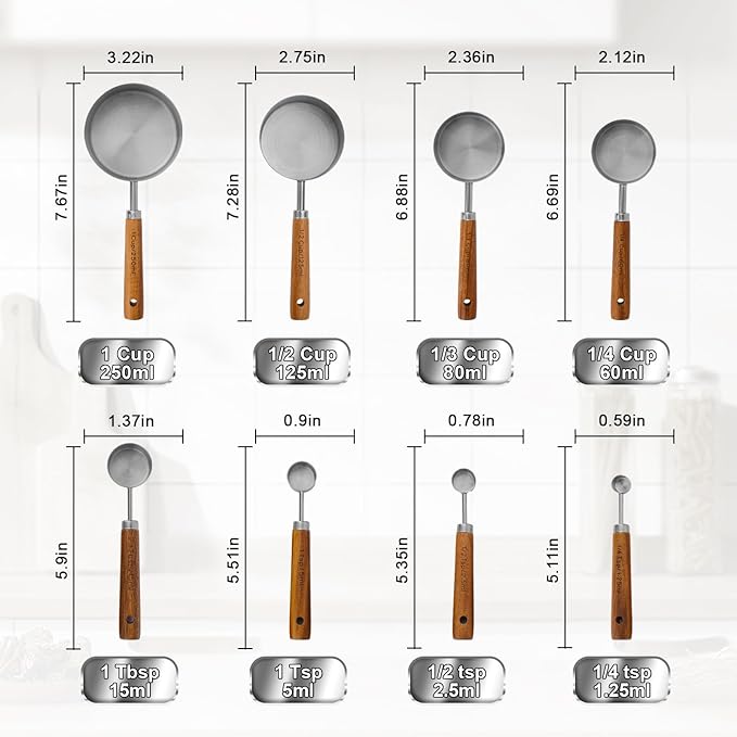 Measuring Cups and Spoons Set,Premium Stainless Steel Measuring Cups and Spoons Set with Wood Handle, 8-Pieces Kitchen Essentials for Baking, Coffee with Ergonomic Grip & Engraved Markings(Silver8)